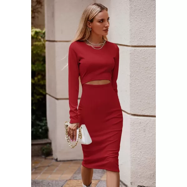 imagePRETTYGARDEN Womens Long Sleeve Midi Bodycon Dresses Casual Crewneck Cut Out Ribbed Knit Fitted Pencil DressRed