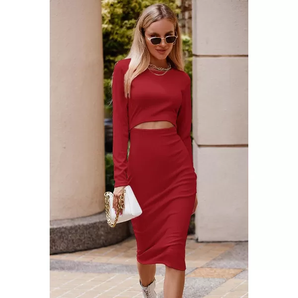 imagePRETTYGARDEN Womens Long Sleeve Midi Bodycon Dresses Casual Crewneck Cut Out Ribbed Knit Fitted Pencil DressRed