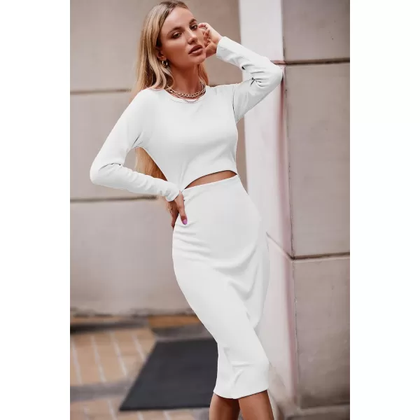 imagePRETTYGARDEN Womens Long Sleeve Midi Bodycon Dresses Casual Crewneck Cut Out Ribbed Knit Fitted Pencil DressWhite