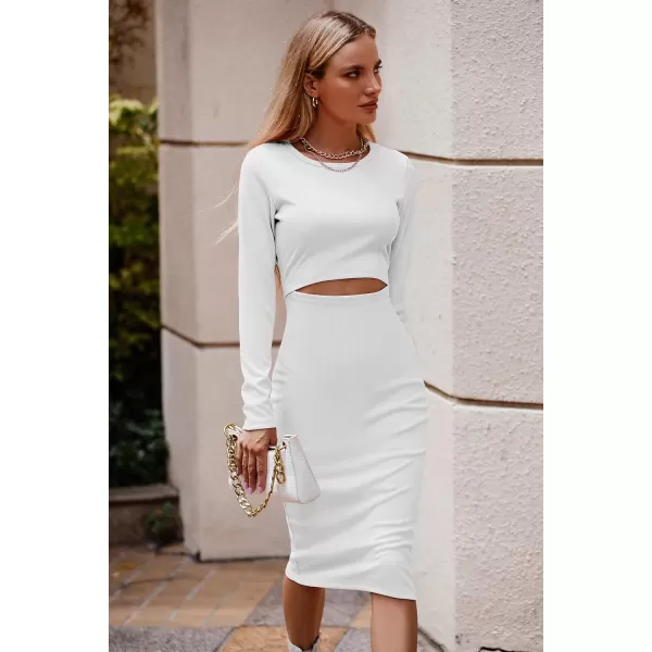 imagePRETTYGARDEN Womens Long Sleeve Midi Bodycon Dresses Casual Crewneck Cut Out Ribbed Knit Fitted Pencil DressWhite