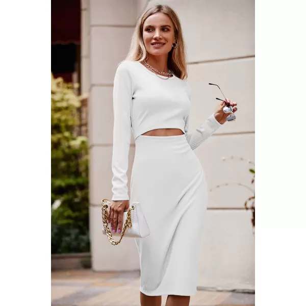 imagePRETTYGARDEN Womens Long Sleeve Midi Bodycon Dresses Casual Crewneck Cut Out Ribbed Knit Fitted Pencil DressWhite