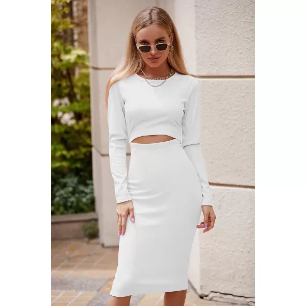 imagePRETTYGARDEN Womens Long Sleeve Midi Bodycon Dresses Casual Crewneck Cut Out Ribbed Knit Fitted Pencil DressWhite