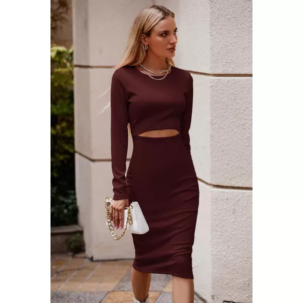 imagePRETTYGARDEN Womens Long Sleeve Midi Bodycon Dresses Casual Crewneck Cut Out Ribbed Knit Fitted Pencil DressWine Red