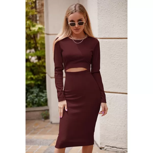 imagePRETTYGARDEN Womens Long Sleeve Midi Bodycon Dresses Casual Crewneck Cut Out Ribbed Knit Fitted Pencil DressWine Red