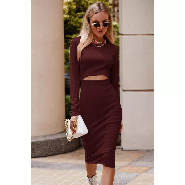 imagePRETTYGARDEN Womens Long Sleeve Midi Bodycon Dresses Casual Crewneck Cut Out Ribbed Knit Fitted Pencil DressWine Red