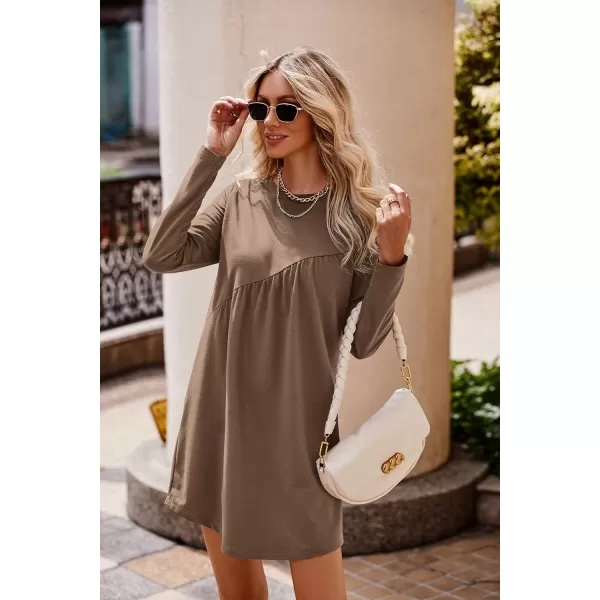 imagePRETTYGARDEN Womens Long Sleeve Mini Tunic Dress Casual Crewneck Loose Flowy Shift Ruched DressesKhaki