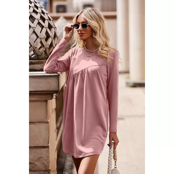 imagePRETTYGARDEN Womens Long Sleeve Mini Tunic Dress Casual Crewneck Loose Flowy Shift Ruched DressesPink