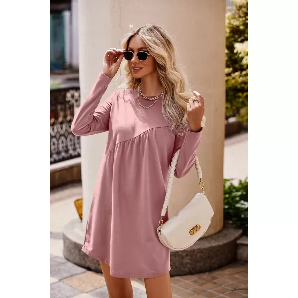 imagePRETTYGARDEN Womens Long Sleeve Mini Tunic Dress Casual Crewneck Loose Flowy Shift Ruched DressesPink