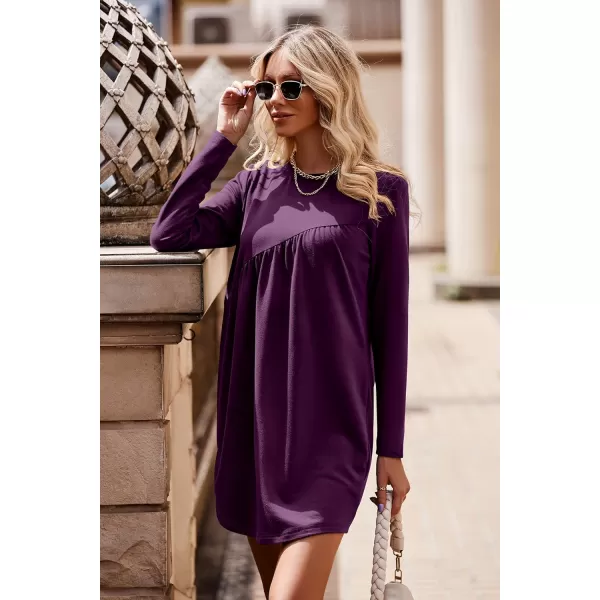 imagePRETTYGARDEN Womens Long Sleeve Mini Tunic Dress Casual Crewneck Loose Flowy Shift Ruched DressesPurple