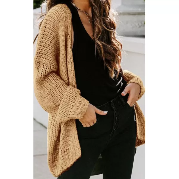 imagePRETTYGARDEN Womens Long Sleeve Open Front Knit Cardigans Sweaters Soft Loose Draped Coat OuterwearKhaki
