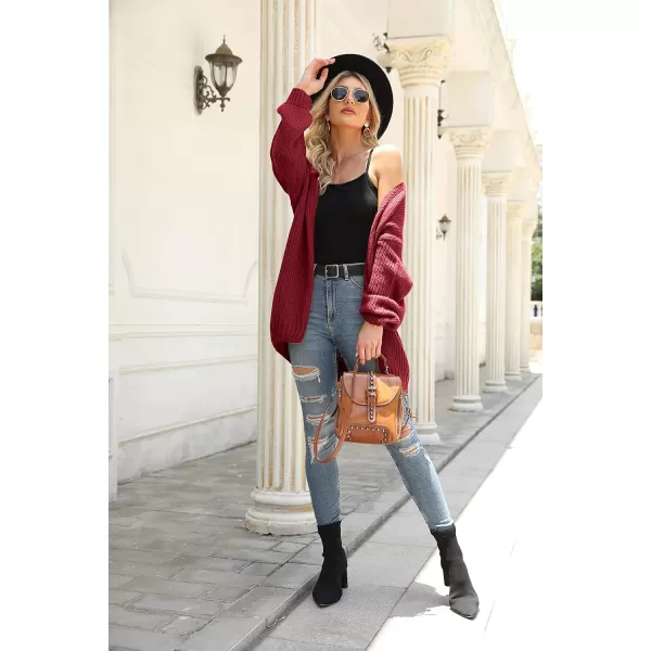 imagePRETTYGARDEN Womens Long Sleeve Open Front Knit Cardigans Sweaters Soft Loose Draped Coat OuterwearWine Red