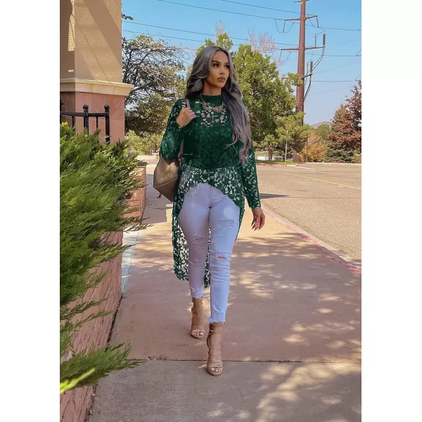 imagePRETTYGARDEN Womens Long Sleeve Round Neck High Low Asymmetrical Irregular Hem Casual Tops Blouse Shirt DressDark Green