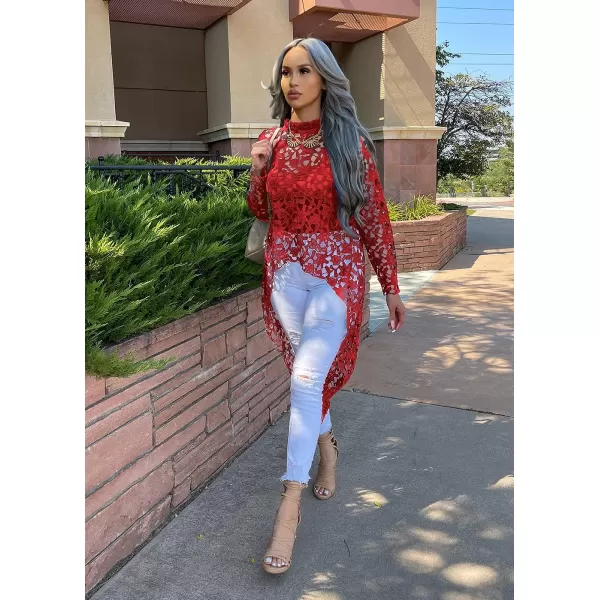 imagePRETTYGARDEN Womens Long Sleeve Round Neck High Low Asymmetrical Irregular Hem Casual Tops Blouse Shirt DressRed