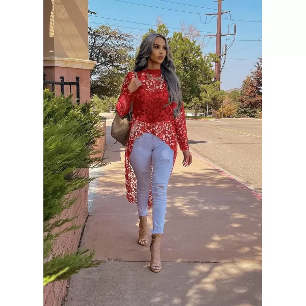 imagePRETTYGARDEN Womens Long Sleeve Round Neck High Low Asymmetrical Irregular Hem Casual Tops Blouse Shirt DressRed
