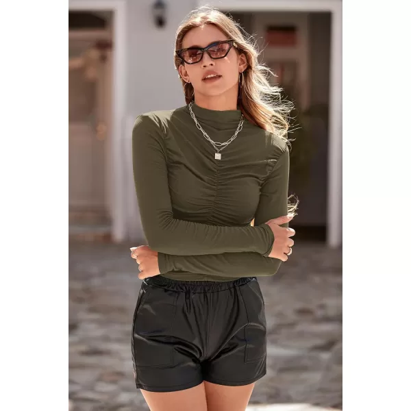 imagePRETTYGARDEN Womens Long Sleeve Tops Casual Mock Neck Basic Slim Fit Ruched Plain T ShirtsArmy Green