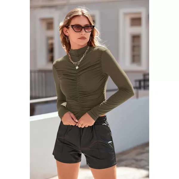 imagePRETTYGARDEN Womens Long Sleeve Tops Casual Mock Neck Basic Slim Fit Ruched Plain T ShirtsArmy Green