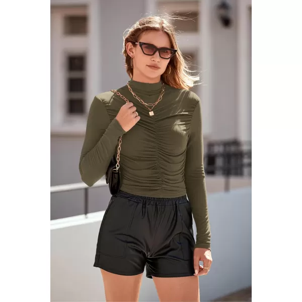 imagePRETTYGARDEN Womens Long Sleeve Tops Casual Mock Neck Basic Slim Fit Ruched Plain T ShirtsArmy Green