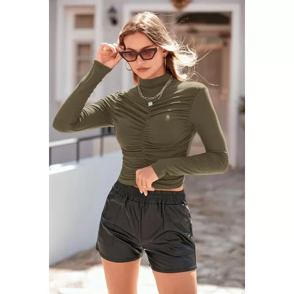 imagePRETTYGARDEN Womens Long Sleeve Tops Casual Mock Neck Basic Slim Fit Ruched Plain T ShirtsArmy Green