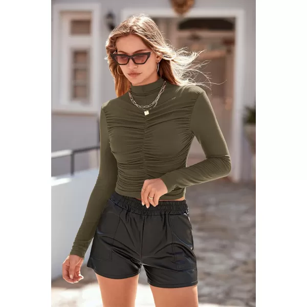 imagePRETTYGARDEN Womens Long Sleeve Tops Casual Mock Neck Basic Slim Fit Ruched Plain T ShirtsArmy Green