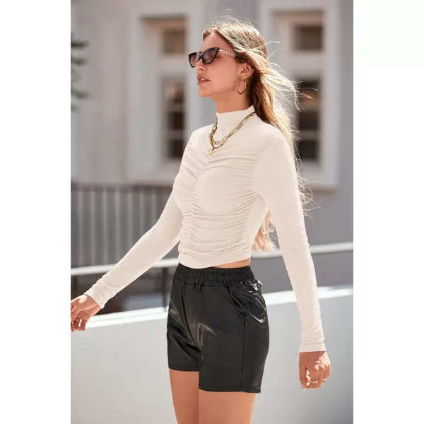 imagePRETTYGARDEN Womens Long Sleeve Tops Casual Mock Neck Basic Slim Fit Ruched Plain T ShirtsBeige