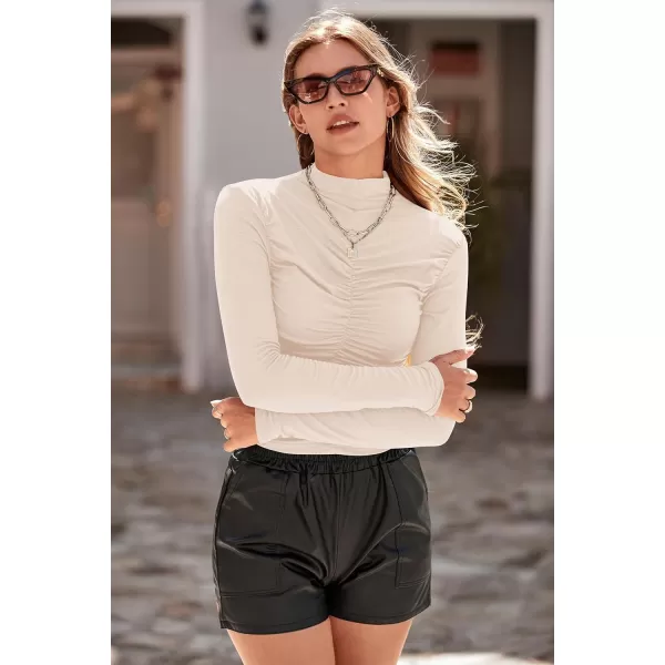 imagePRETTYGARDEN Womens Long Sleeve Tops Casual Mock Neck Basic Slim Fit Ruched Plain T ShirtsBeige