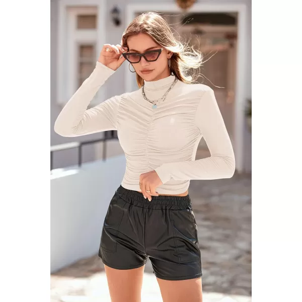 imagePRETTYGARDEN Womens Long Sleeve Tops Casual Mock Neck Basic Slim Fit Ruched Plain T ShirtsBeige