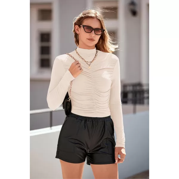imagePRETTYGARDEN Womens Long Sleeve Tops Casual Mock Neck Basic Slim Fit Ruched Plain T ShirtsBeige