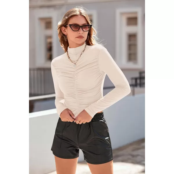 imagePRETTYGARDEN Womens Long Sleeve Tops Casual Mock Neck Basic Slim Fit Ruched Plain T ShirtsBeige