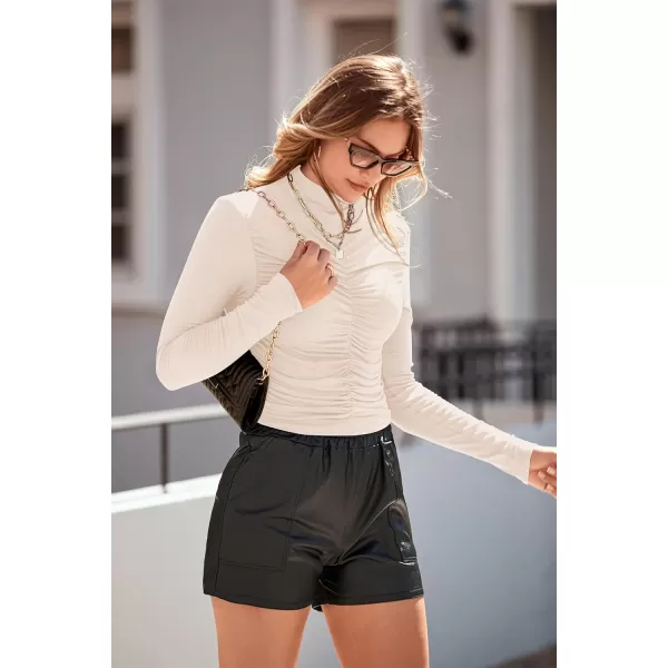 imagePRETTYGARDEN Womens Long Sleeve Tops Casual Mock Neck Basic Slim Fit Ruched Plain T ShirtsBeige