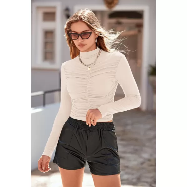 imagePRETTYGARDEN Womens Long Sleeve Tops Casual Mock Neck Basic Slim Fit Ruched Plain T ShirtsBeige