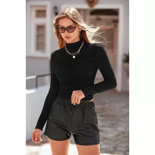 imagePRETTYGARDEN Womens Long Sleeve Tops Casual Mock Neck Basic Slim Fit Ruched Plain T ShirtsBlack