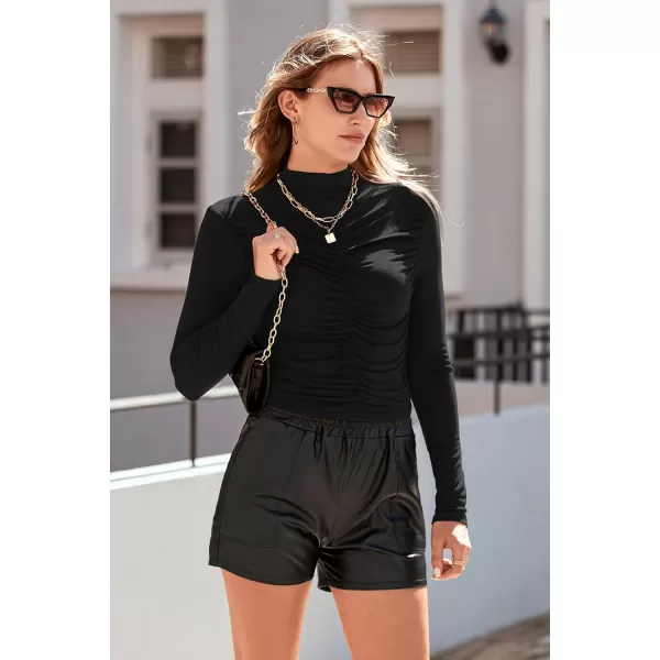imagePRETTYGARDEN Womens Long Sleeve Tops Casual Mock Neck Basic Slim Fit Ruched Plain T ShirtsBlack