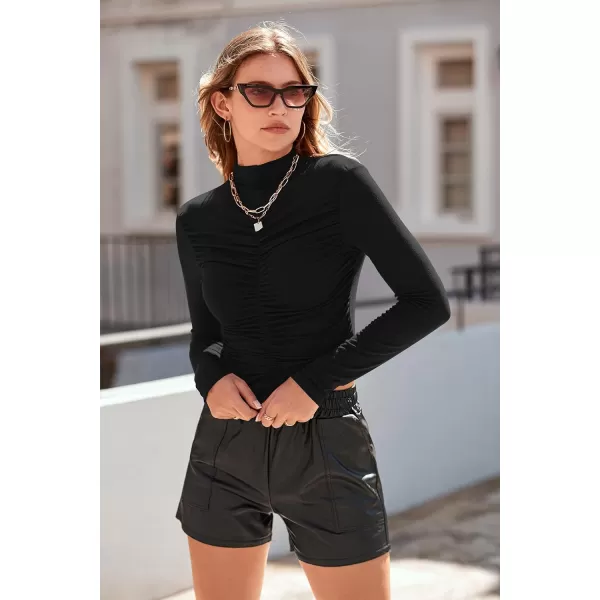 imagePRETTYGARDEN Womens Long Sleeve Tops Casual Mock Neck Basic Slim Fit Ruched Plain T ShirtsBlack