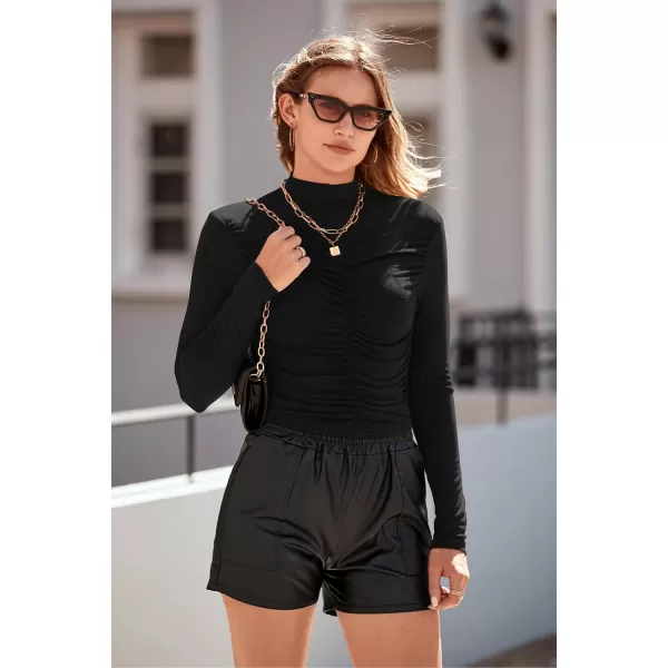 imagePRETTYGARDEN Womens Long Sleeve Tops Casual Mock Neck Basic Slim Fit Ruched Plain T ShirtsBlack