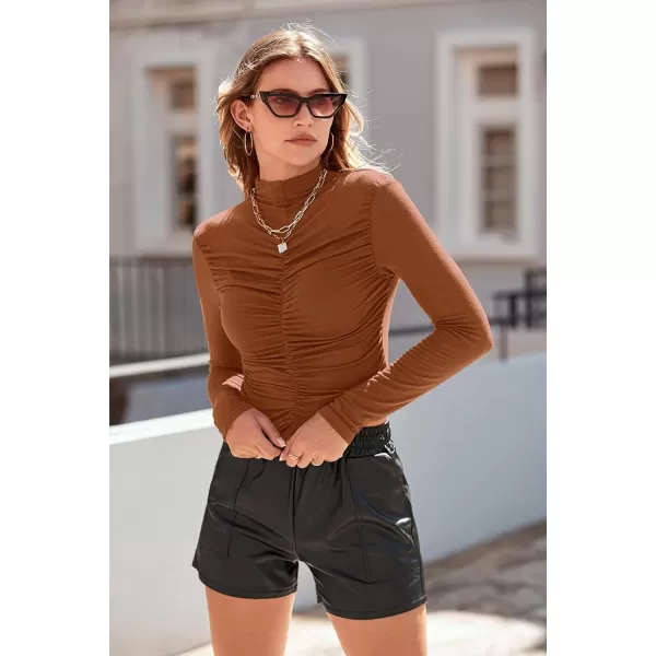 imagePRETTYGARDEN Womens Long Sleeve Tops Casual Mock Neck Basic Slim Fit Ruched Plain T ShirtsBrick Red