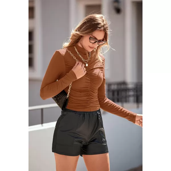 imagePRETTYGARDEN Womens Long Sleeve Tops Casual Mock Neck Basic Slim Fit Ruched Plain T ShirtsBrick Red