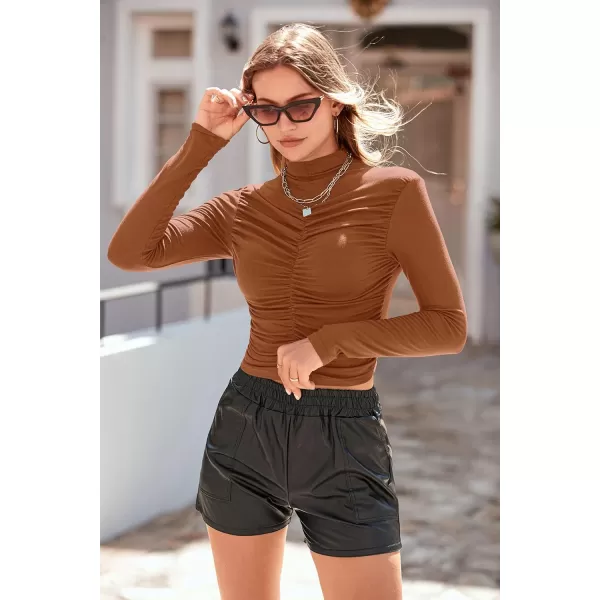 imagePRETTYGARDEN Womens Long Sleeve Tops Casual Mock Neck Basic Slim Fit Ruched Plain T ShirtsBrick Red