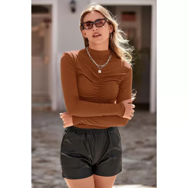 imagePRETTYGARDEN Womens Long Sleeve Tops Casual Mock Neck Basic Slim Fit Ruched Plain T ShirtsBrick Red