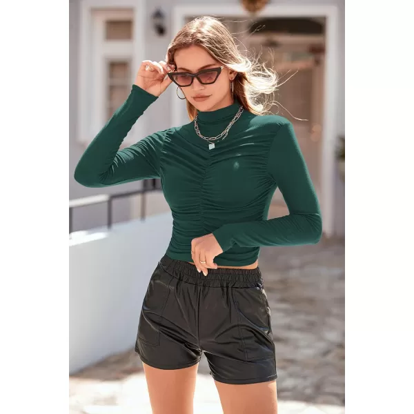 imagePRETTYGARDEN Womens Long Sleeve Tops Casual Mock Neck Basic Slim Fit Ruched Plain T ShirtsGreen