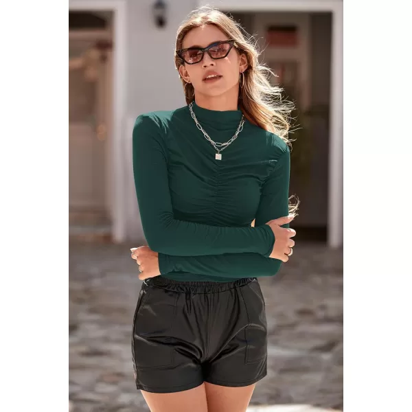imagePRETTYGARDEN Womens Long Sleeve Tops Casual Mock Neck Basic Slim Fit Ruched Plain T ShirtsGreen