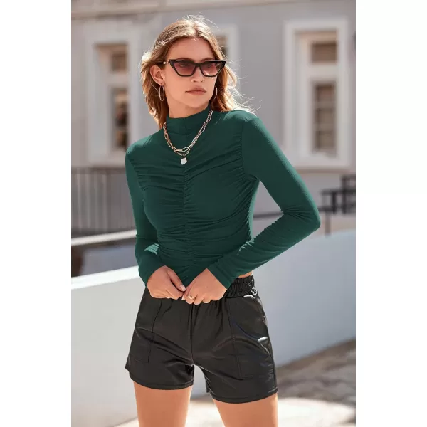 imagePRETTYGARDEN Womens Long Sleeve Tops Casual Mock Neck Basic Slim Fit Ruched Plain T ShirtsGreen