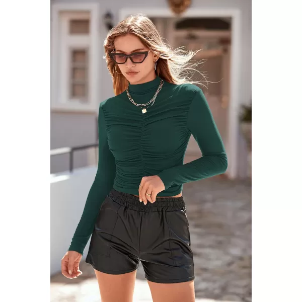 imagePRETTYGARDEN Womens Long Sleeve Tops Casual Mock Neck Basic Slim Fit Ruched Plain T ShirtsGreen