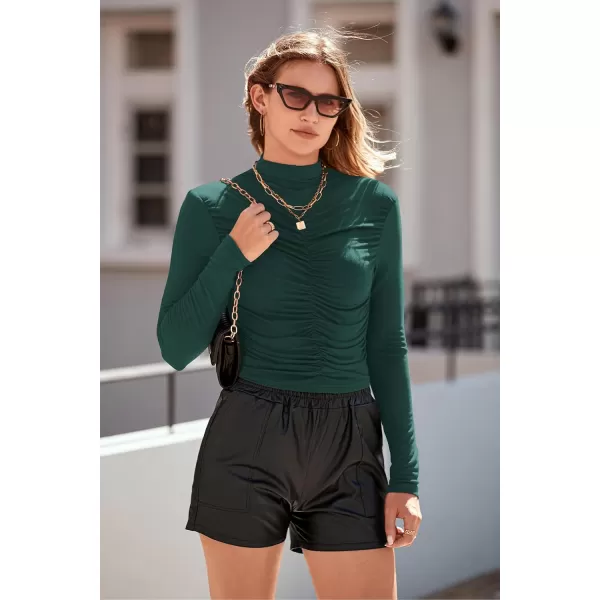 imagePRETTYGARDEN Womens Long Sleeve Tops Casual Mock Neck Basic Slim Fit Ruched Plain T ShirtsGreen