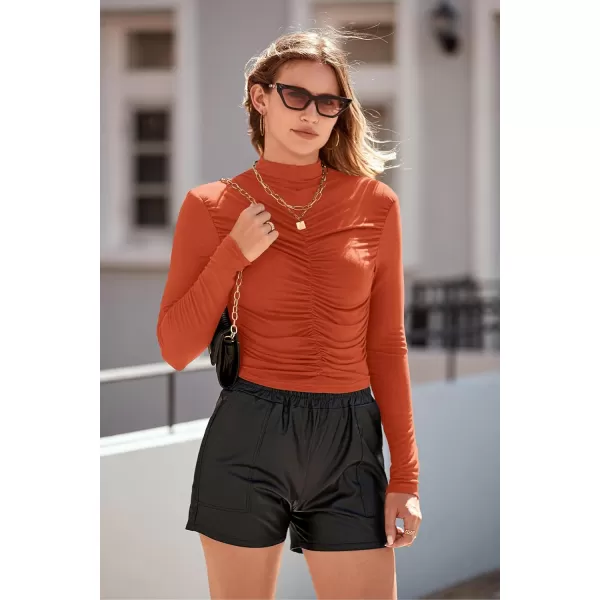 imagePRETTYGARDEN Womens Long Sleeve Tops Casual Mock Neck Basic Slim Fit Ruched Plain T ShirtsOrange