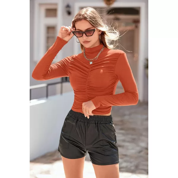 imagePRETTYGARDEN Womens Long Sleeve Tops Casual Mock Neck Basic Slim Fit Ruched Plain T ShirtsOrange