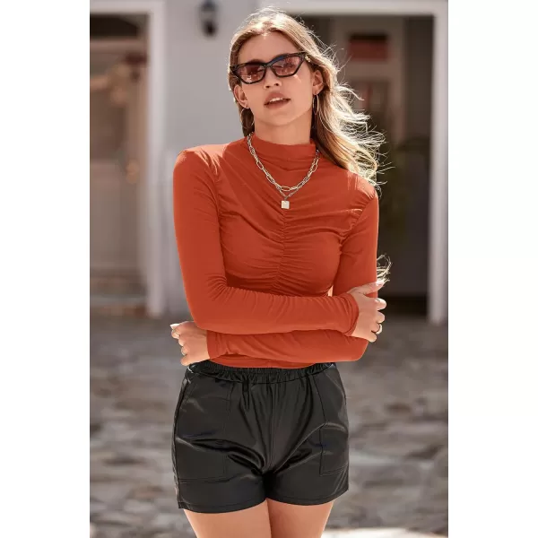 imagePRETTYGARDEN Womens Long Sleeve Tops Casual Mock Neck Basic Slim Fit Ruched Plain T ShirtsOrange
