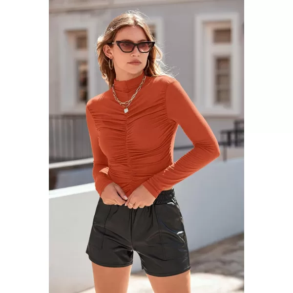imagePRETTYGARDEN Womens Long Sleeve Tops Casual Mock Neck Basic Slim Fit Ruched Plain T ShirtsOrange
