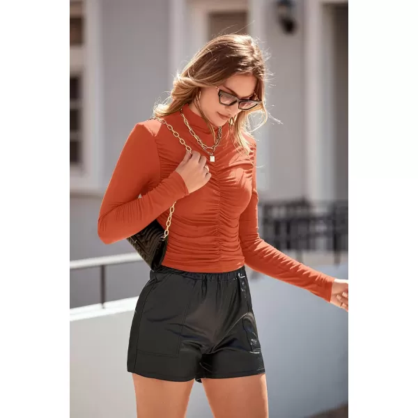 imagePRETTYGARDEN Womens Long Sleeve Tops Casual Mock Neck Basic Slim Fit Ruched Plain T ShirtsOrange