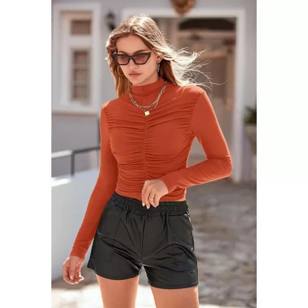 imagePRETTYGARDEN Womens Long Sleeve Tops Casual Mock Neck Basic Slim Fit Ruched Plain T ShirtsOrange