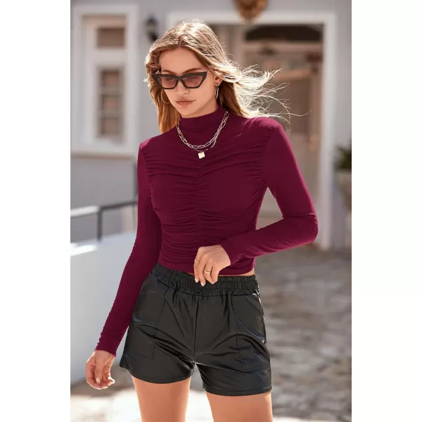 imagePRETTYGARDEN Womens Long Sleeve Tops Casual Mock Neck Basic Slim Fit Ruched Plain T ShirtsWine Red